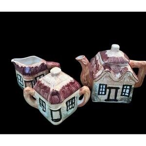3 Vtg Ceramic Cottage Ware Teapot With Lid Creamer & Sugar W/Lid Set Japan